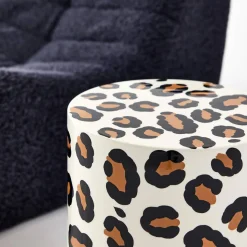 Mesa auxiliar, mesita de noche de acero esmaltado, diseño de leopardo