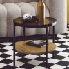 Mesa auxiliar redonda de cristal templado efecto madera y metal negro