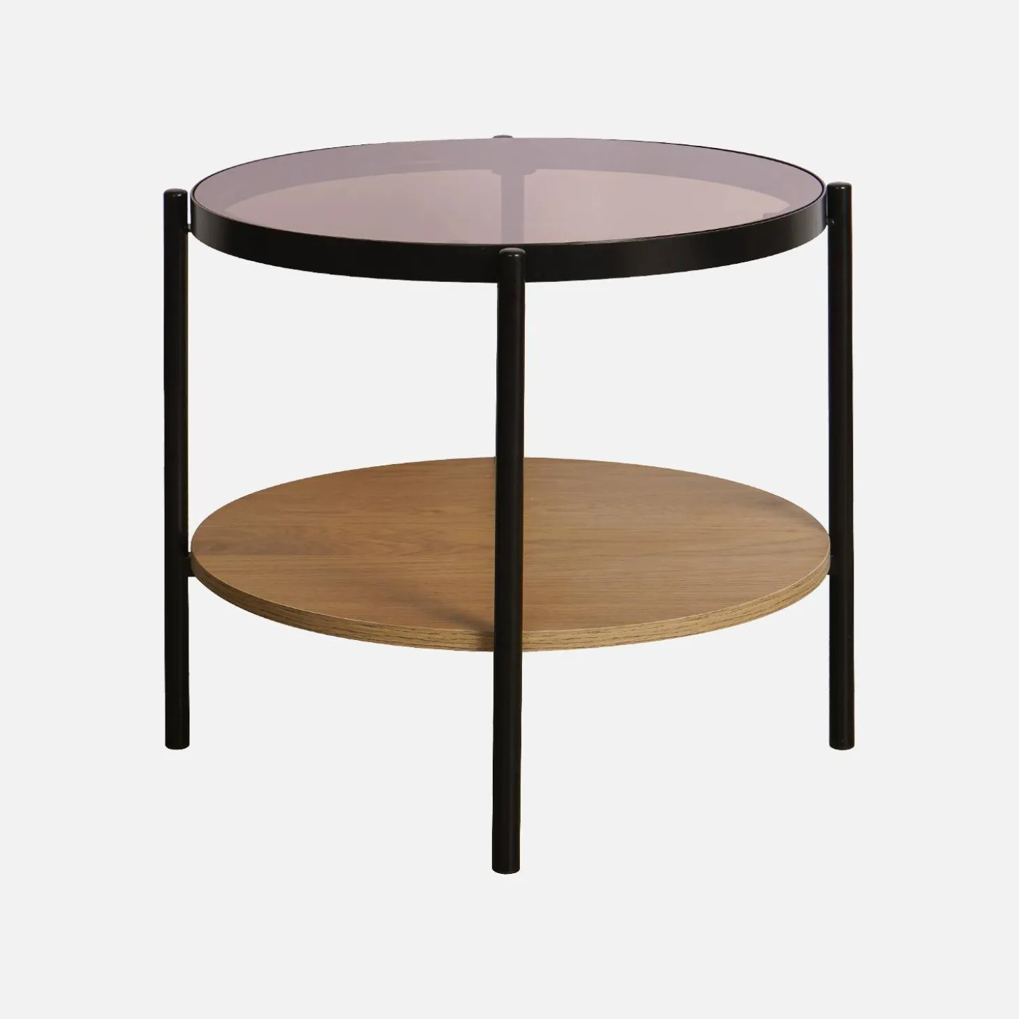 Mesa auxiliar redonda de cristal templado efecto madera y metal negro