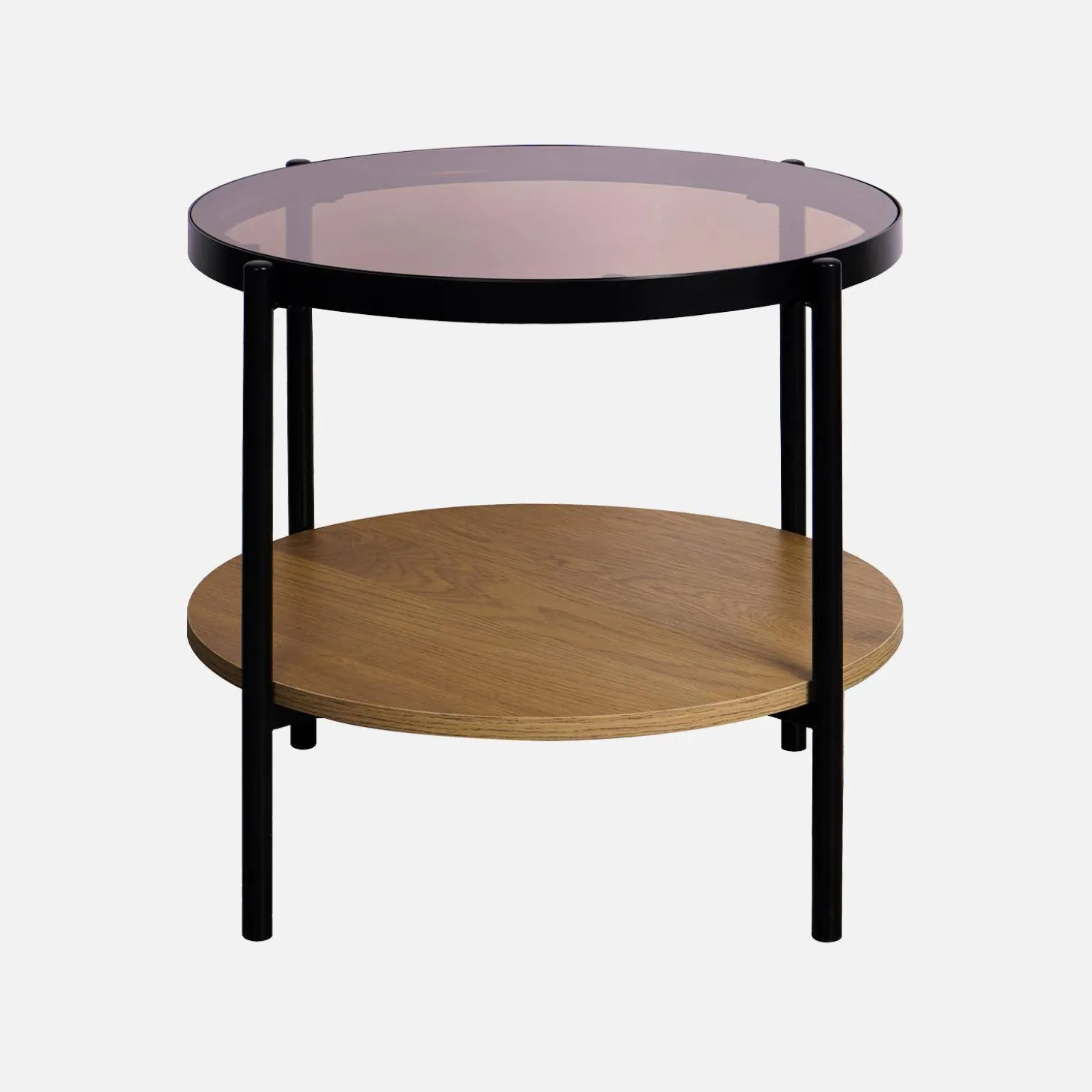 Mesa auxiliar redonda de cristal templado efecto madera y metal negro