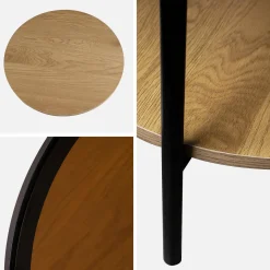 Mesa auxiliar redonda de cristal templado efecto madera y metal negro