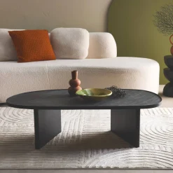 Mesa baja ovalada de madera de mango y chapado en piedra