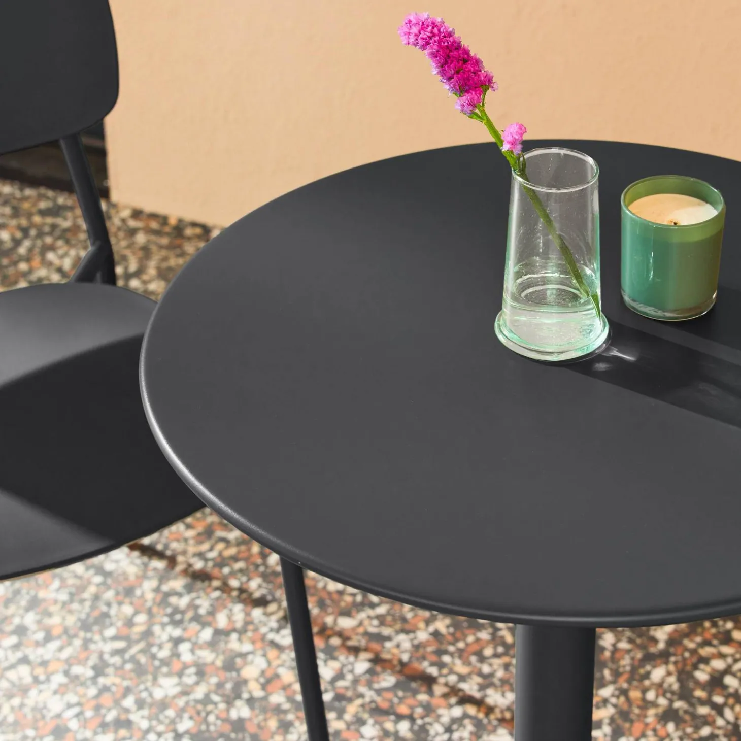 Mesa bistró de jardín redonda de acero con 2 sillas