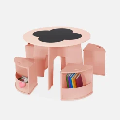 Mesa con pizarra y 4 sillas con almacenaje para niños