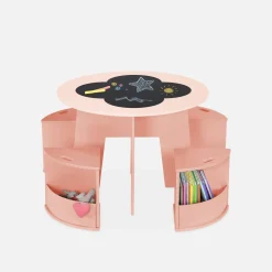 Mesa con pizarra y 4 sillas con almacenaje para niños