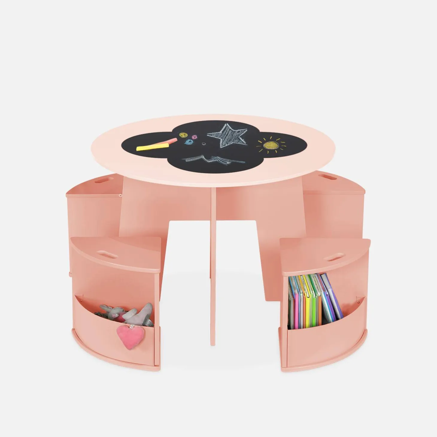 Mesa con pizarra y 4 sillas con almacenaje para niños