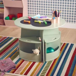 Mesa con pizarra y 4 sillas con almacenaje para niños
