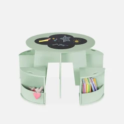 Mesa con pizarra y 4 sillas con almacenaje para niños