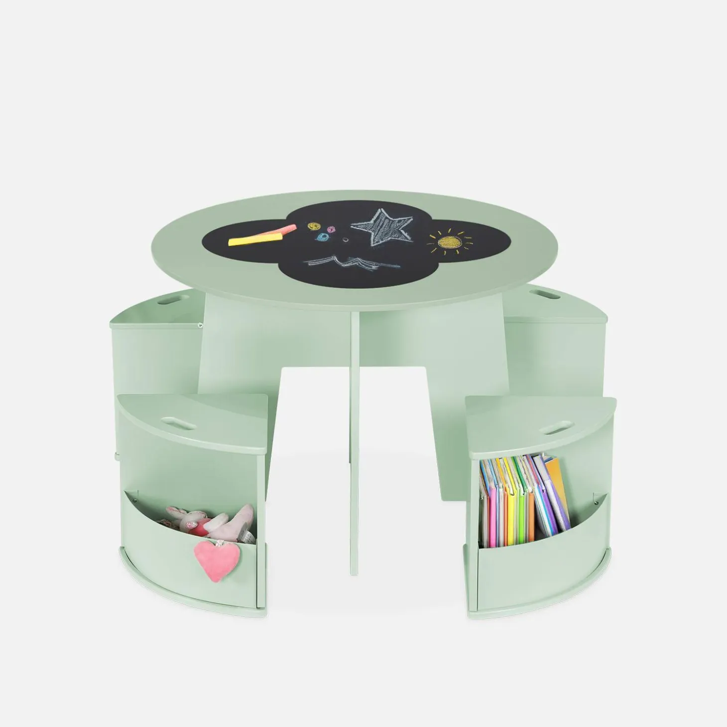 Mesa con pizarra y 4 sillas con almacenaje para niños
