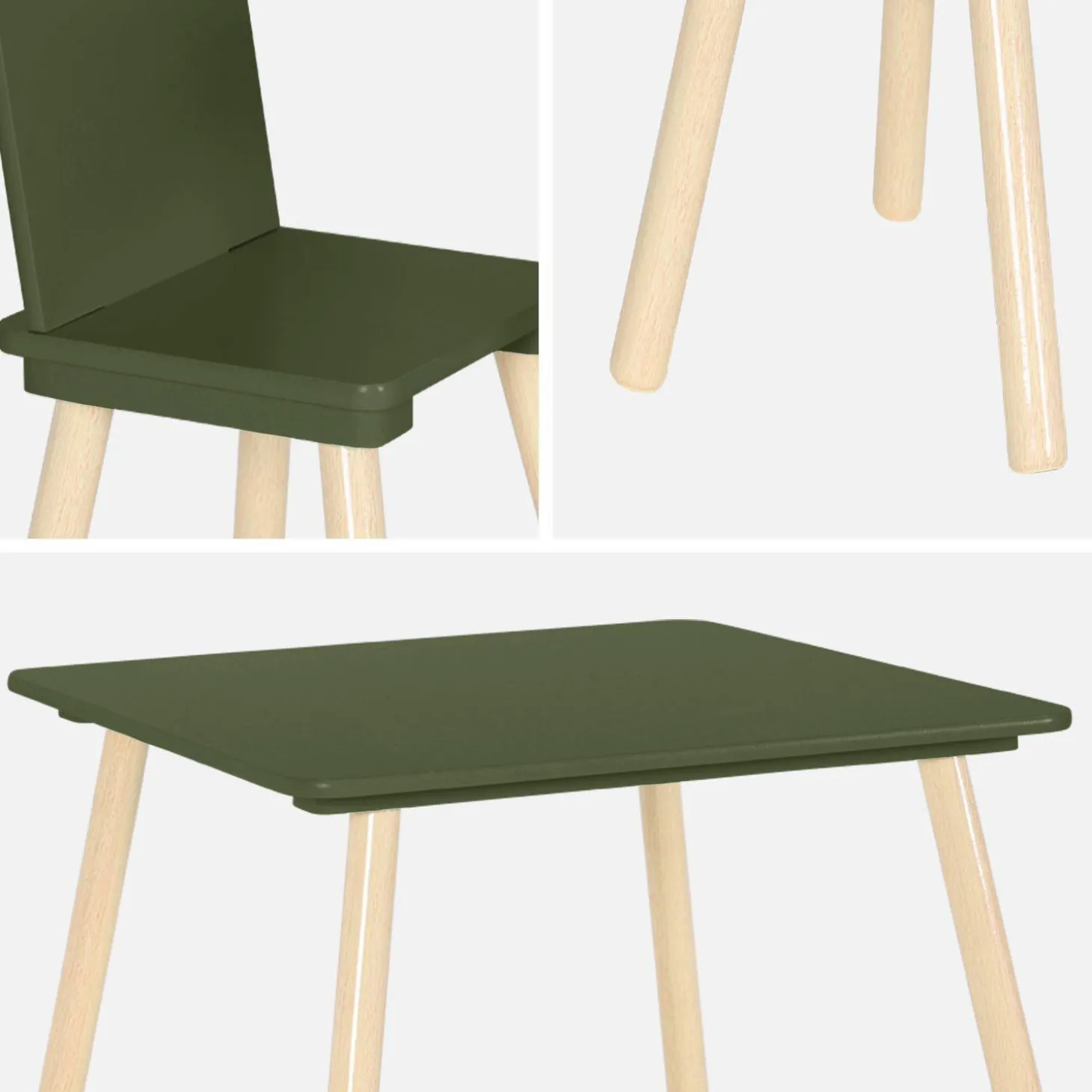 Mesa cuadrada infantil de madera de pino, 2 sillas
