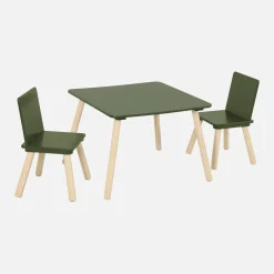Mesa cuadrada infantil de madera de pino, 2 sillas