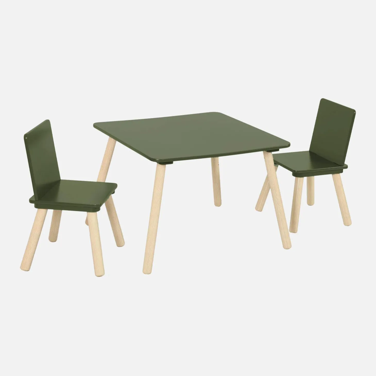 Mesa cuadrada infantil de madera de pino, 2 sillas