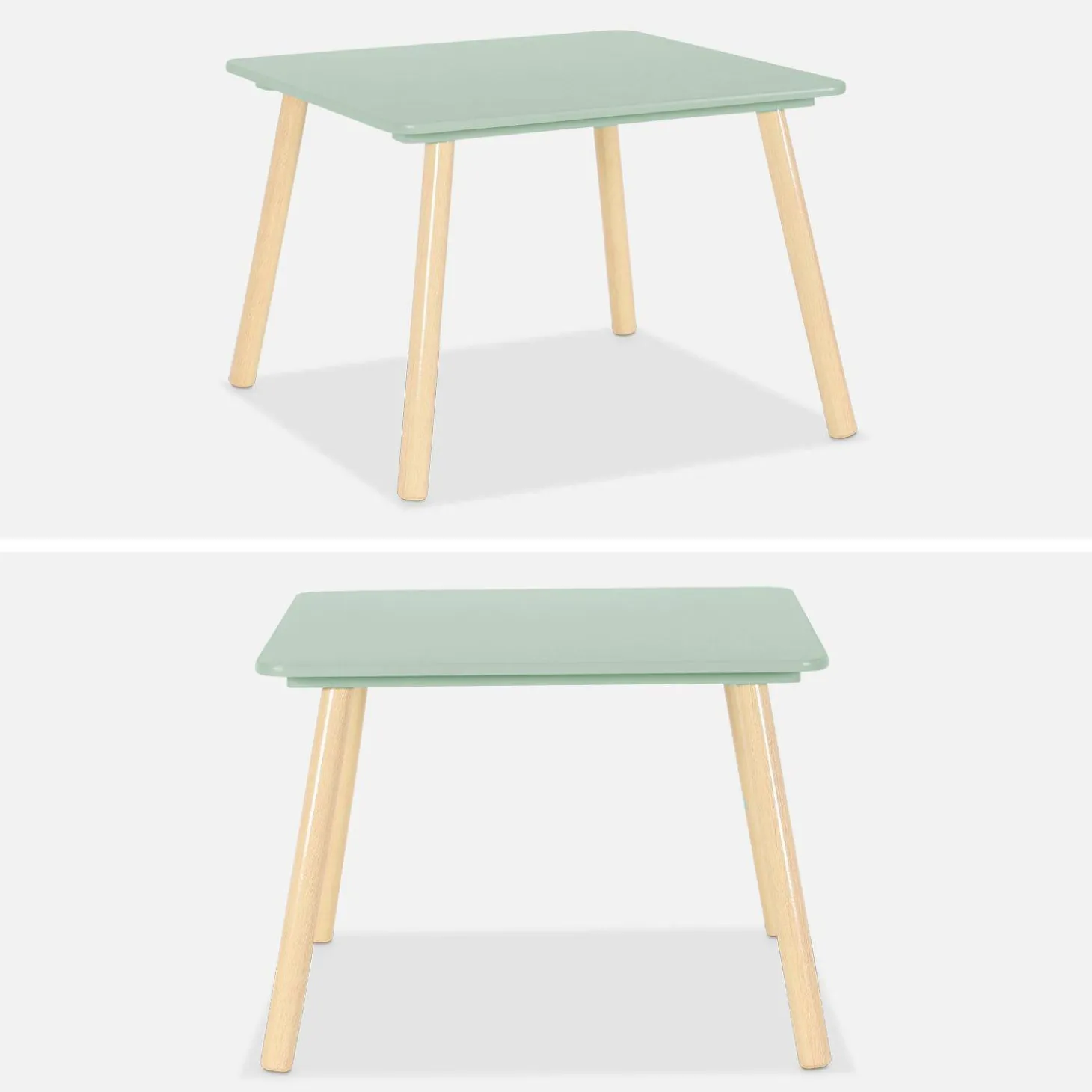 Mesa cuadrada infantil de madera de pino, 2 sillas