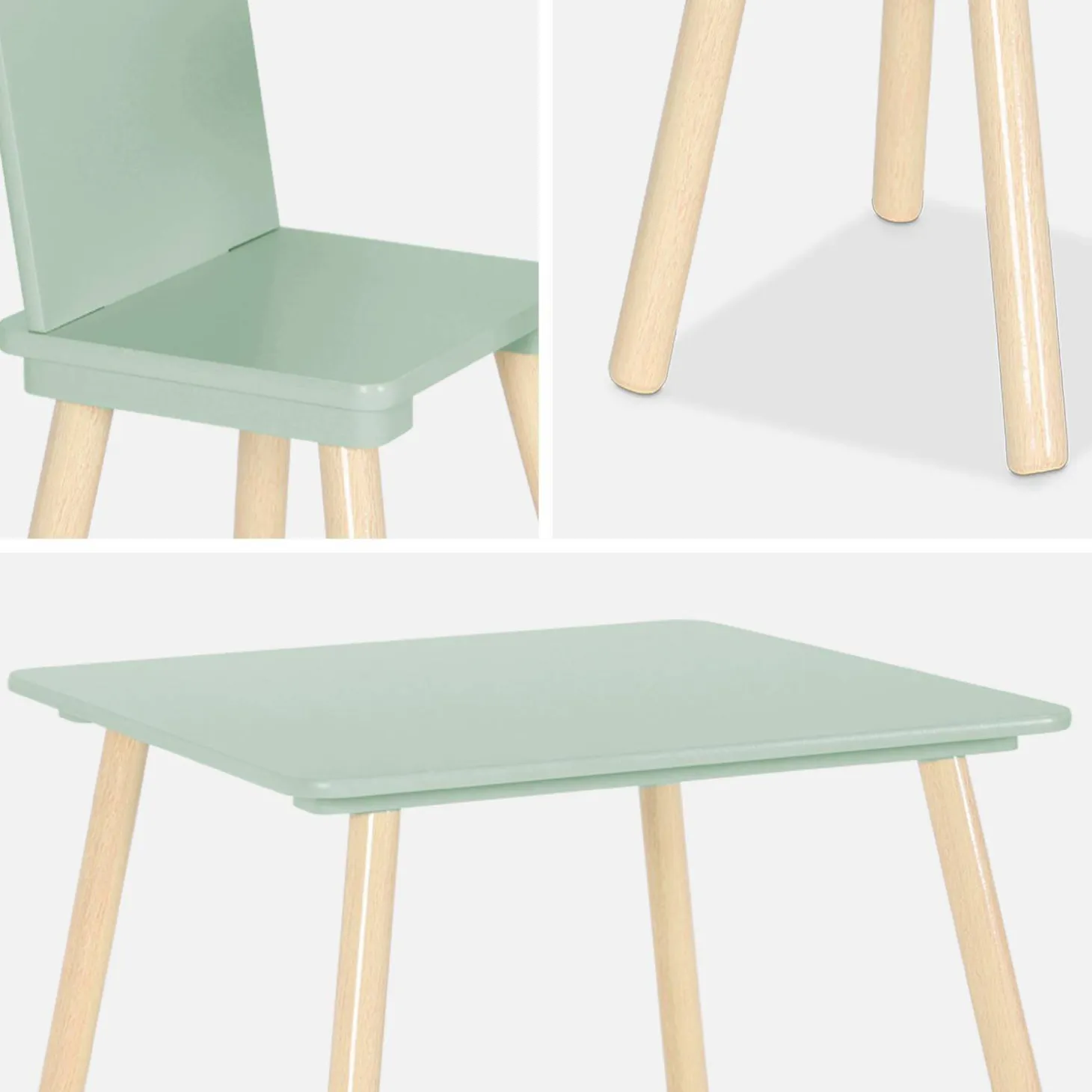 Mesa cuadrada infantil de madera de pino, 2 sillas