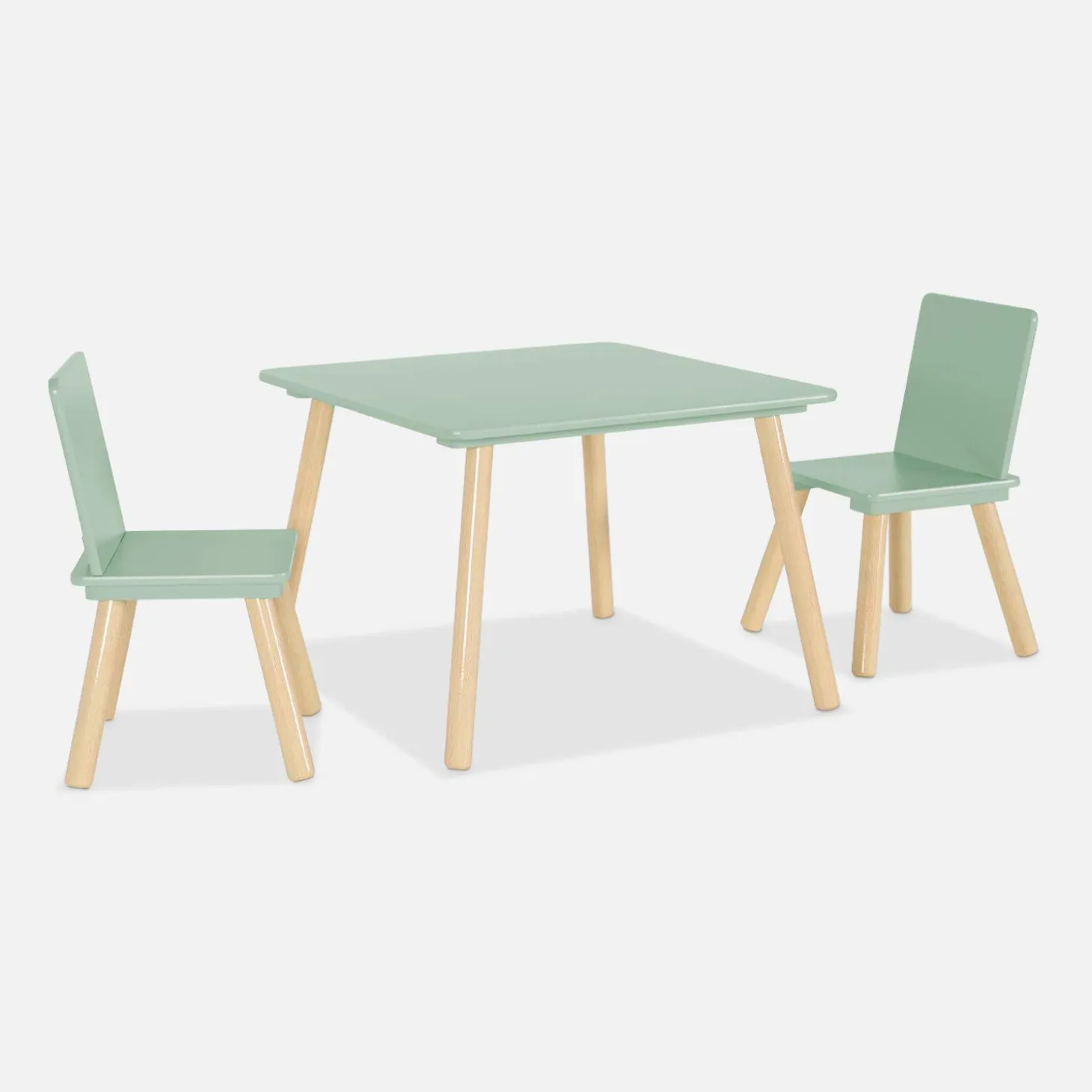 Mesa cuadrada infantil de madera de pino, 2 sillas