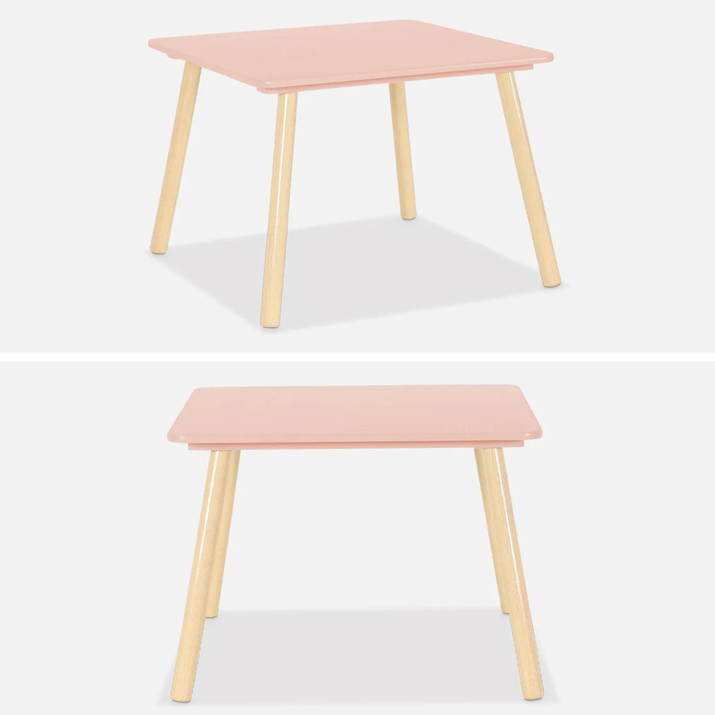 Mesa cuadrada infantil de madera de pino, 2 sillas