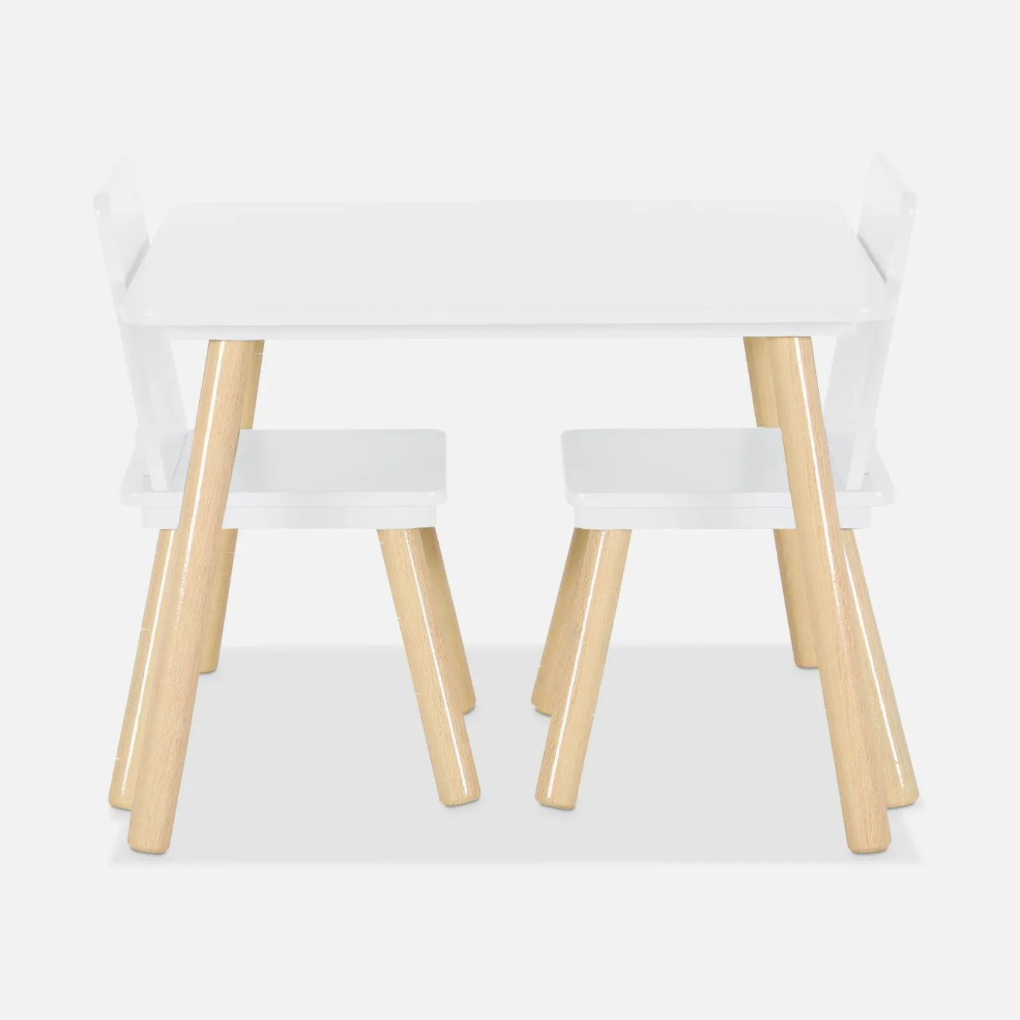 Mesa cuadrada infantil de madera de pino, 2 sillas