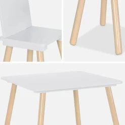 Mesa cuadrada infantil de madera de pino, 2 sillas
