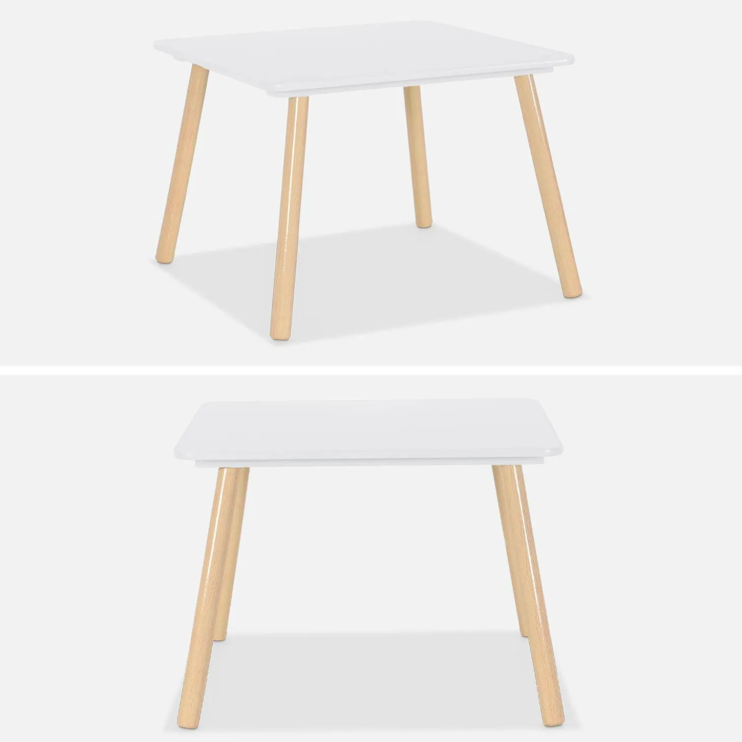 Mesa cuadrada infantil de madera de pino, 2 sillas