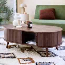 Mesa de centro con puertas correderas y efecto madera