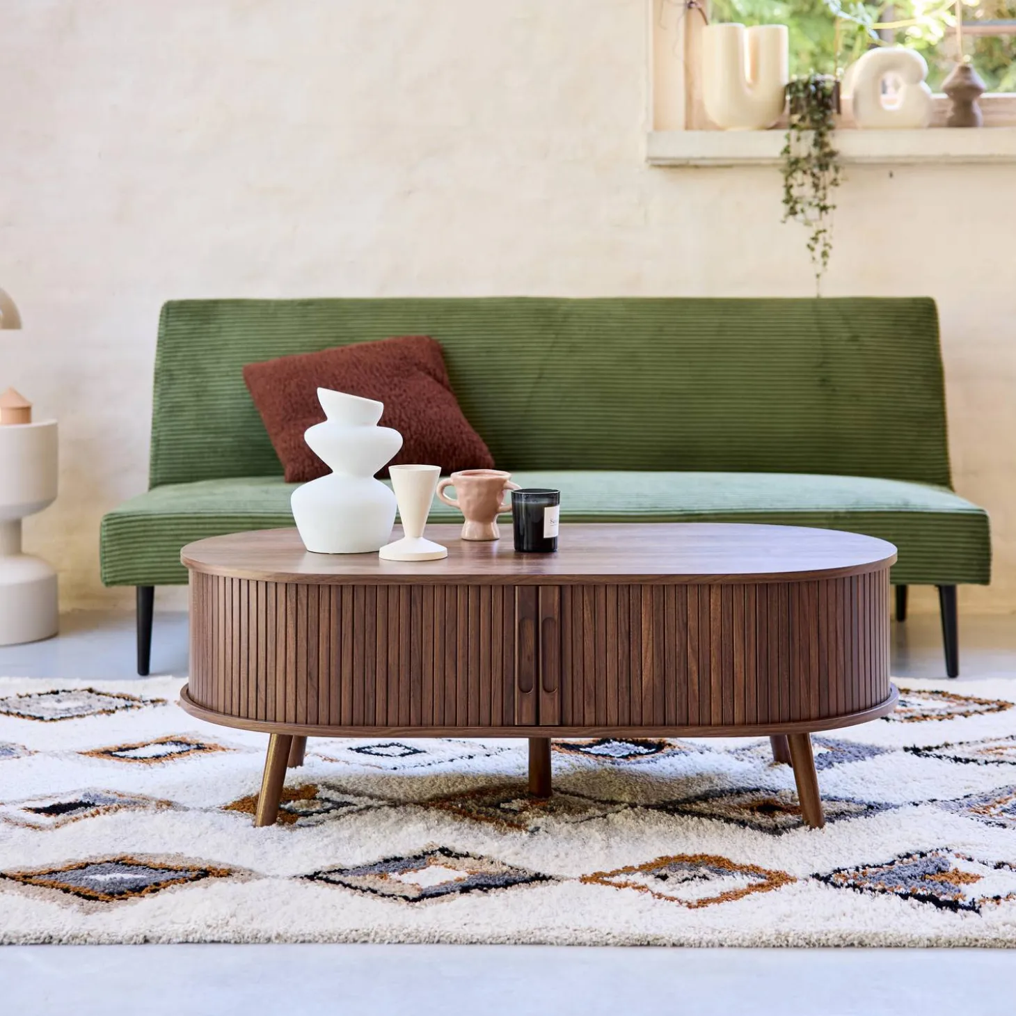 Mesa de centro con puertas correderas y efecto madera