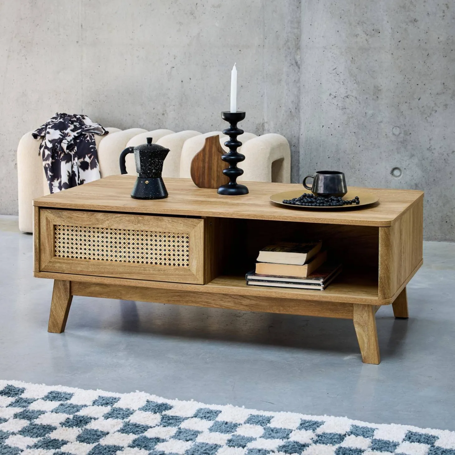 Mesa de centro con puerta corredera, 2 nichos, efecto madera y caña