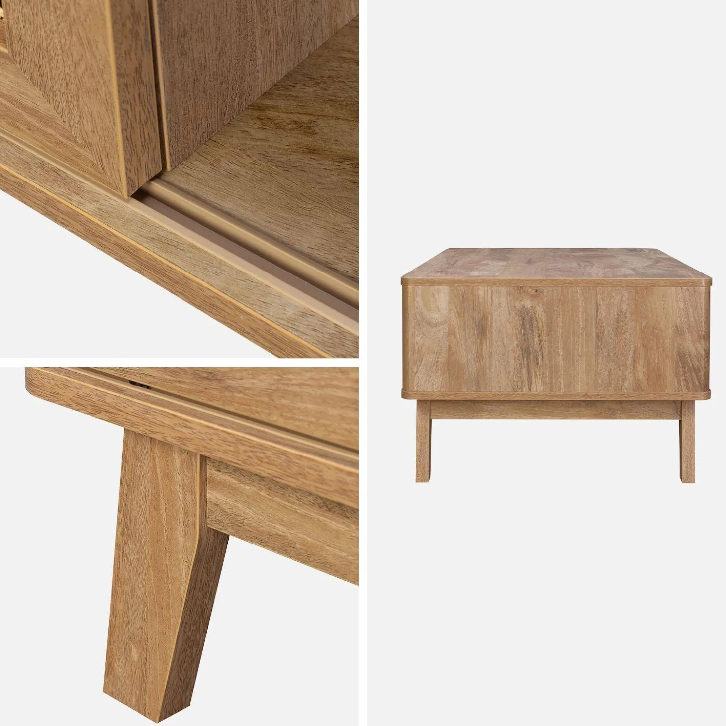 Mesa de centro con puerta corredera, 2 nichos, efecto madera y caña
