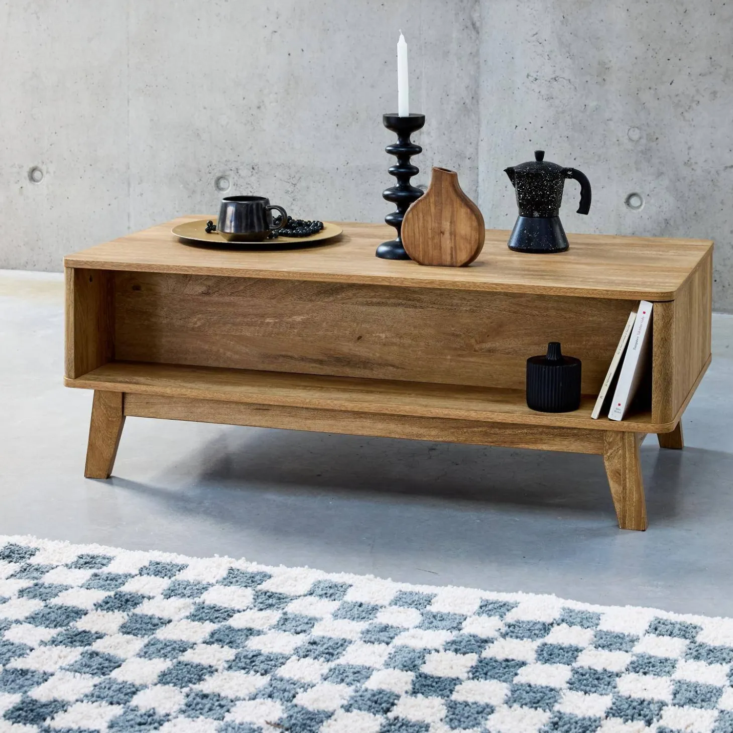 Mesa de centro con puerta corredera, 2 nichos, efecto madera y caña