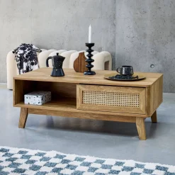 Mesa de centro con puerta corredera, 2 nichos, efecto madera y caña