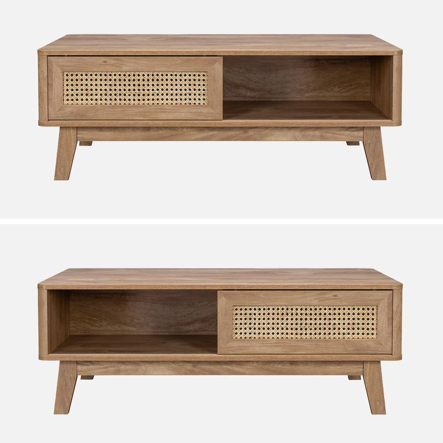 Mesa de centro con puerta corredera, 2 nichos, efecto madera y caña