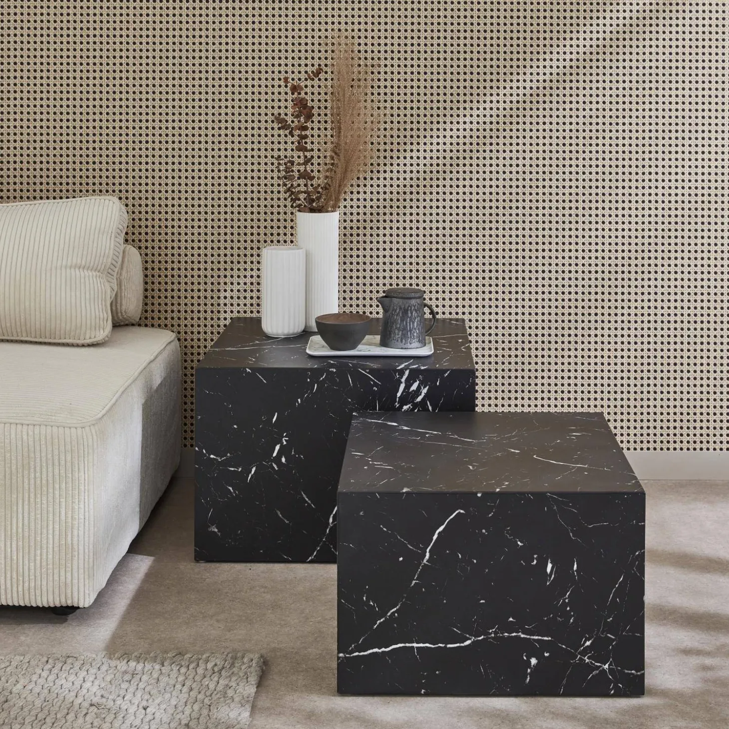 Mesa de centro cuadrada con efecto mármol, set de 2