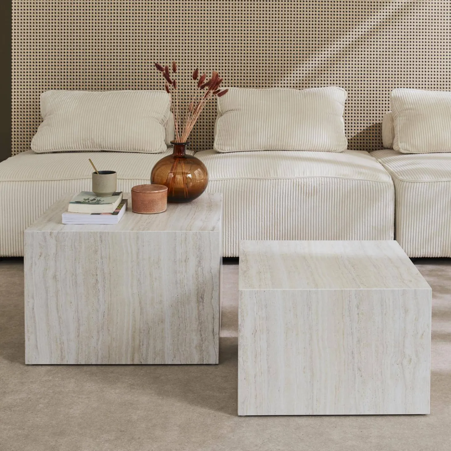 Mesa de centro cuadrada con efecto mármol, set de 2