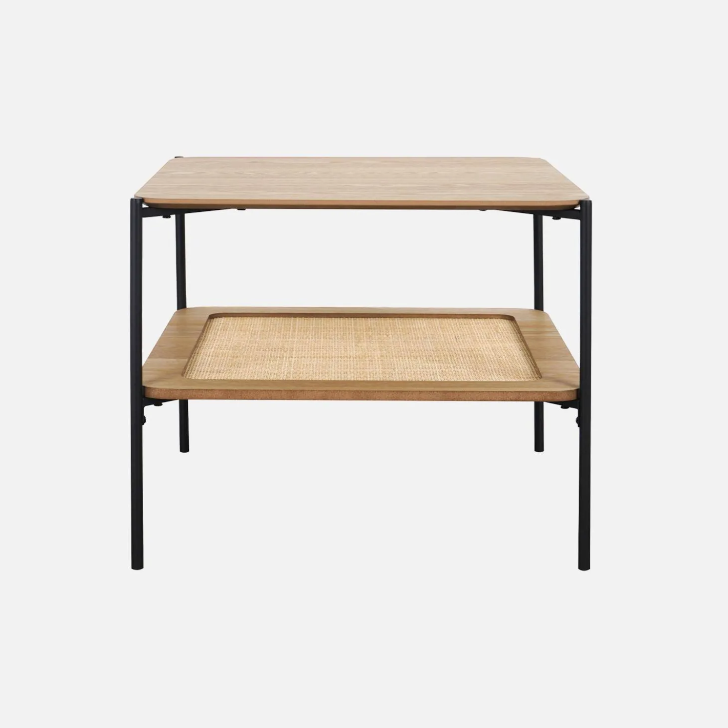 Mesa de centro cuadrada con tablero doble efecto madera y caña