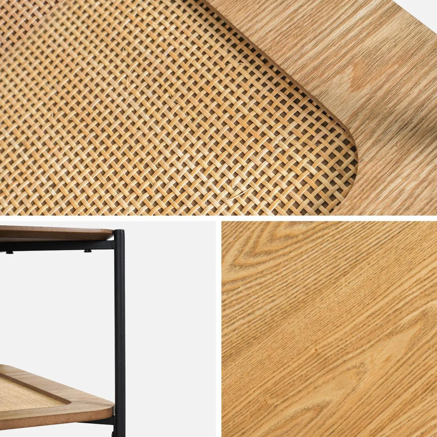 Mesa de centro cuadrada con tablero doble efecto madera y caña
