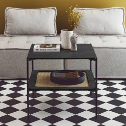Mesa de centro cuadrada con tablero doble efecto madera y caña