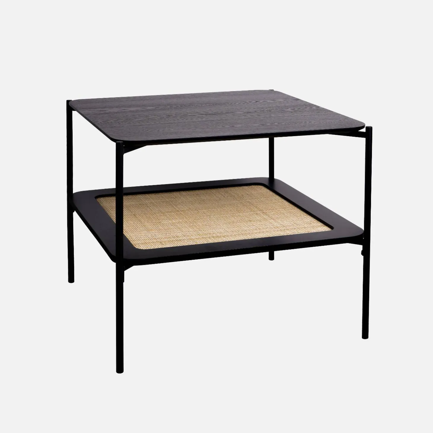 Mesa de centro cuadrada con tablero doble efecto madera y caña