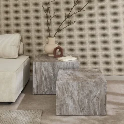 Mesa de centro cuadrada con efecto mármol, set de 2