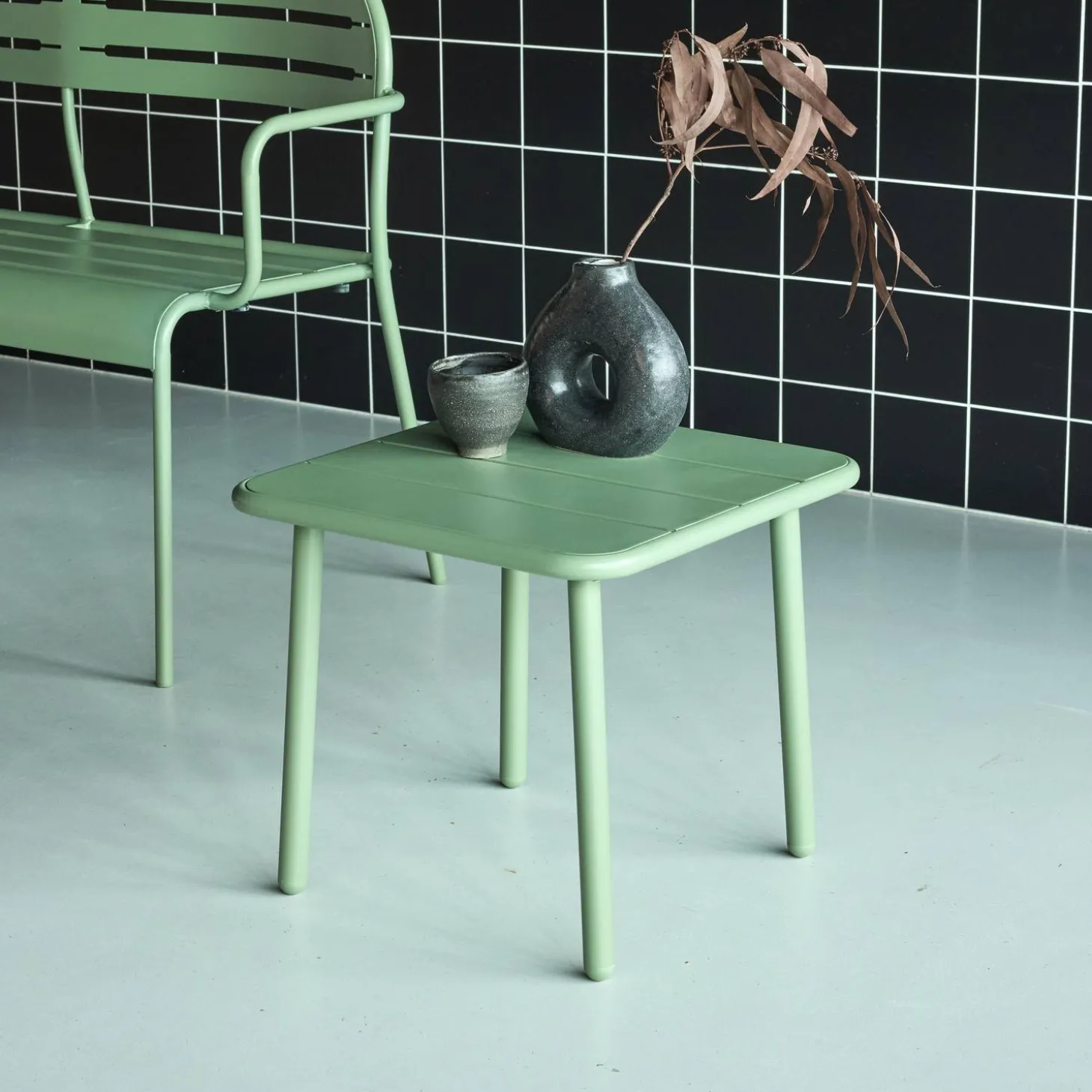 Mesa de centro de jardín bistró cuadrada de acero, 45 cm