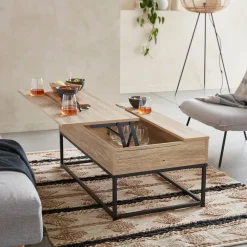 Mesa de centro industrial efecto madera, elevable