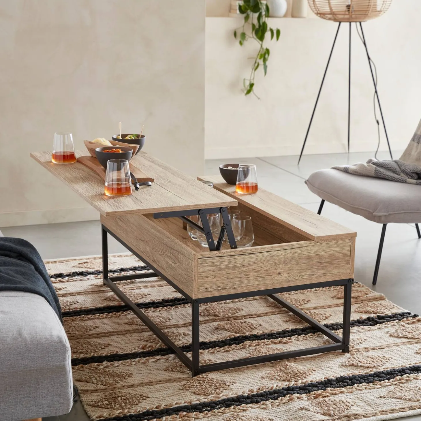 Mesa de centro industrial efecto madera, elevable