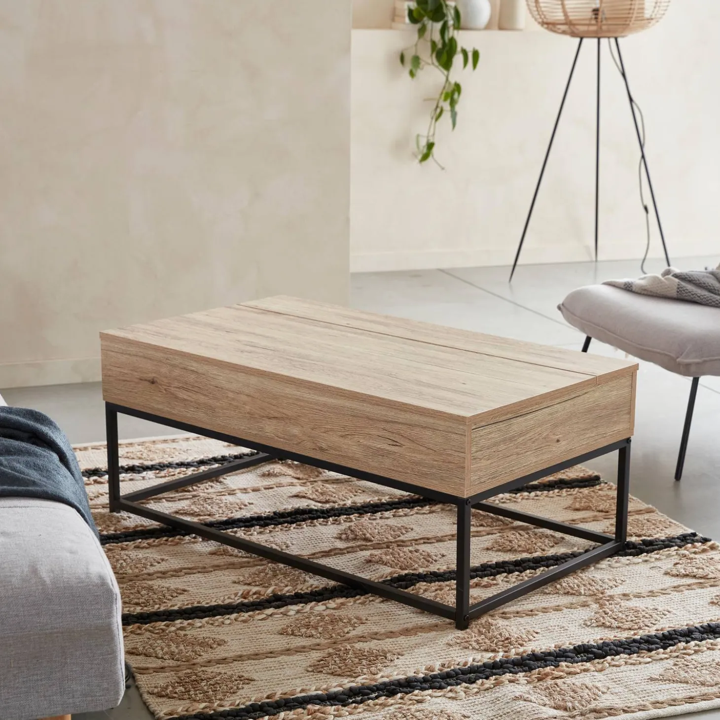 Mesa de centro industrial efecto madera, elevable