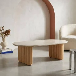 Mesa de centro ovalada de madera de hevea con efecto piedra