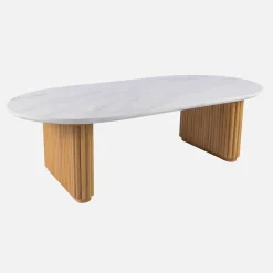 Mesa de centro ovalada de madera de hevea con efecto piedra