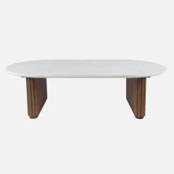 Mesa de centro ovalada de madera de hevea con efecto piedra
