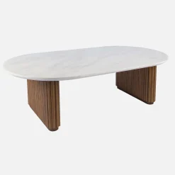 Mesa de centro ovalada de madera de hevea con efecto piedra
