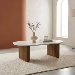 Mesa de centro ovalada de madera de hevea con efecto piedra