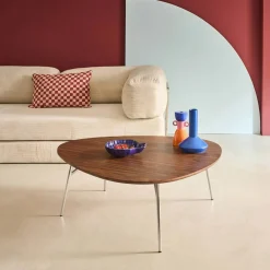 Mesa de centro ovalada patas cromadas y efecto madera
