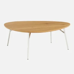 Mesa de centro ovalada patas cromadas y efecto madera