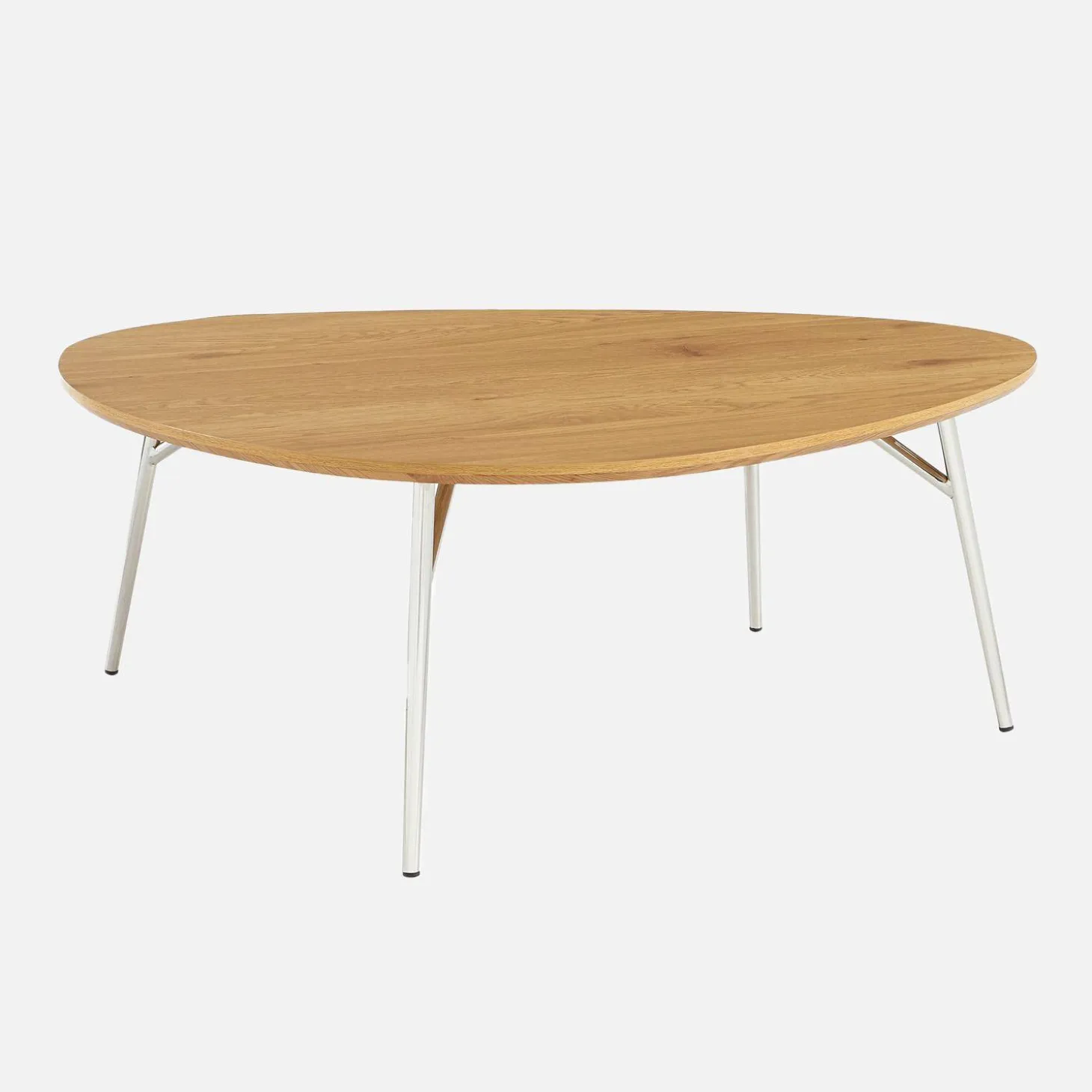 Mesa de centro ovalada patas cromadas y efecto madera