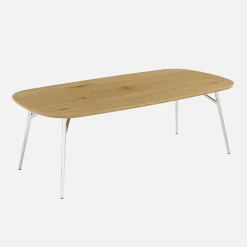 Mesa de centro rectangular con patas cromadas y decoración de madera